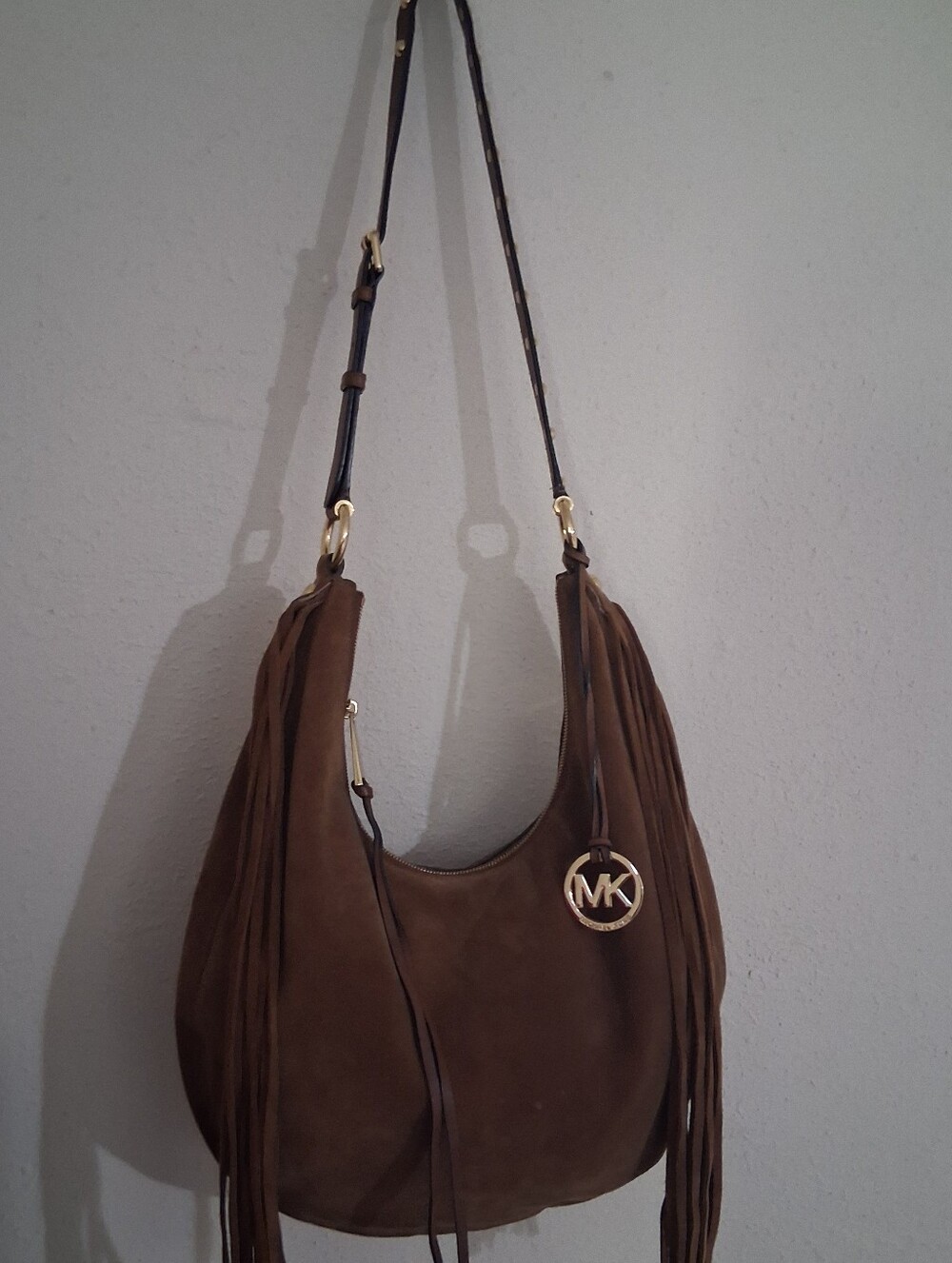 Michael Kors Rhea Long Shoulder Creasent Brown Suede Bag